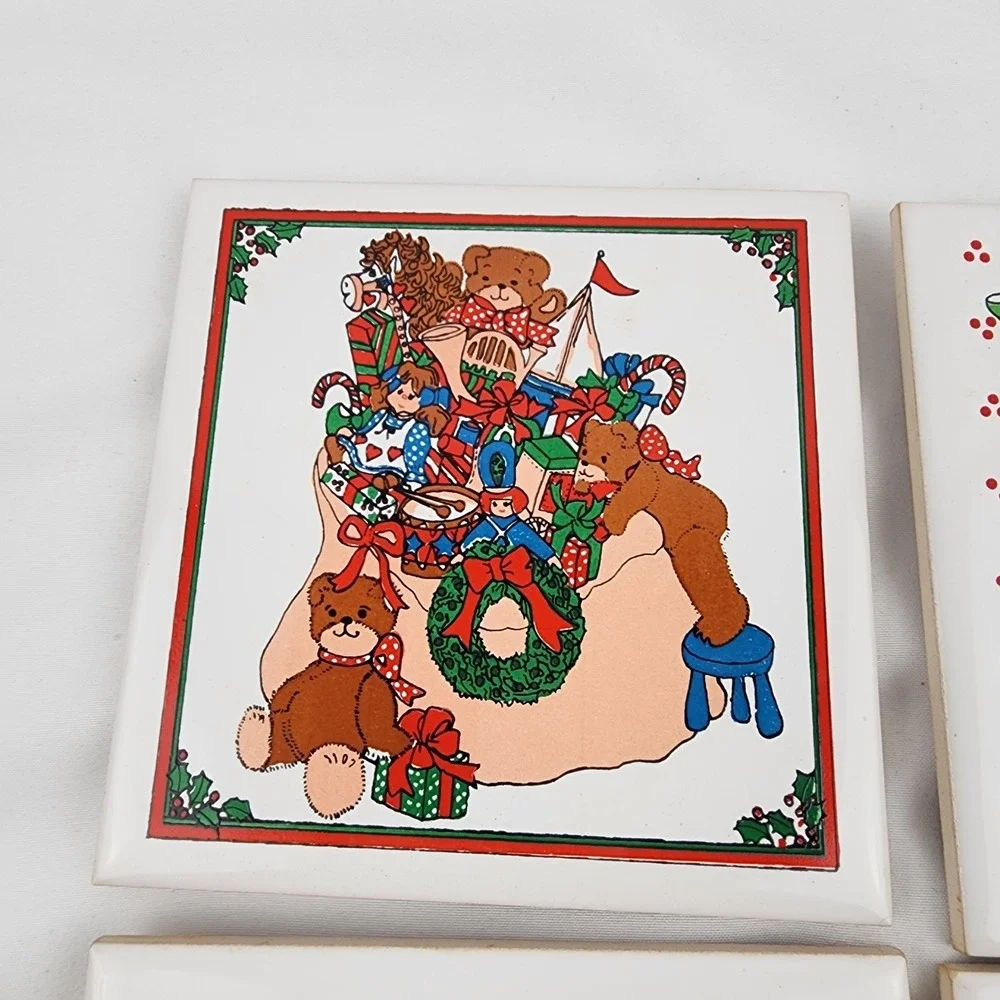 Vintage Christmas Goose Tree Bear Trivet Set Of 4 Country Decor Ceramic‎ Coaster